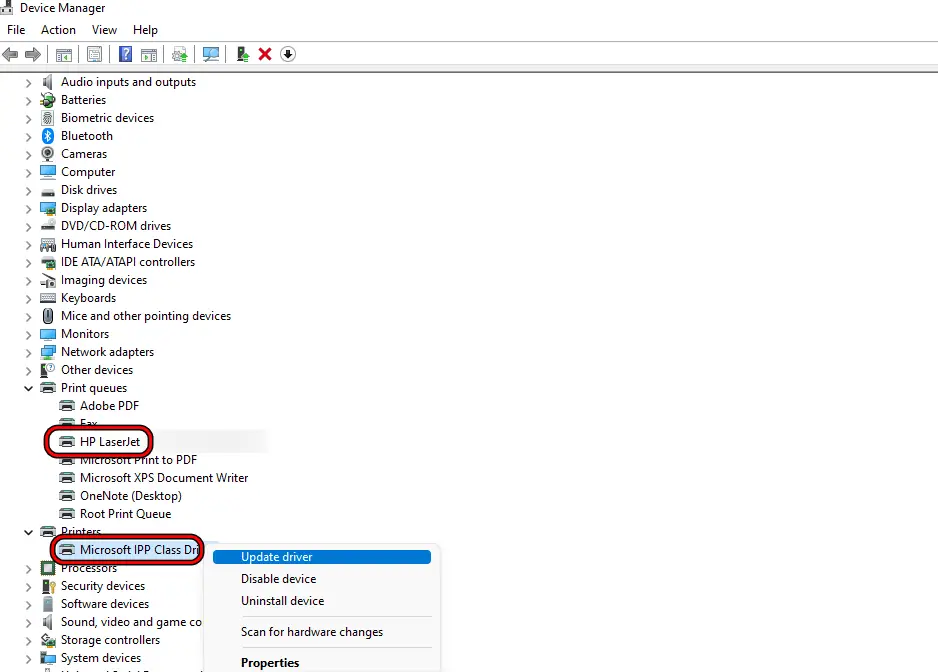 Update the Printer Driver in the Device Manager