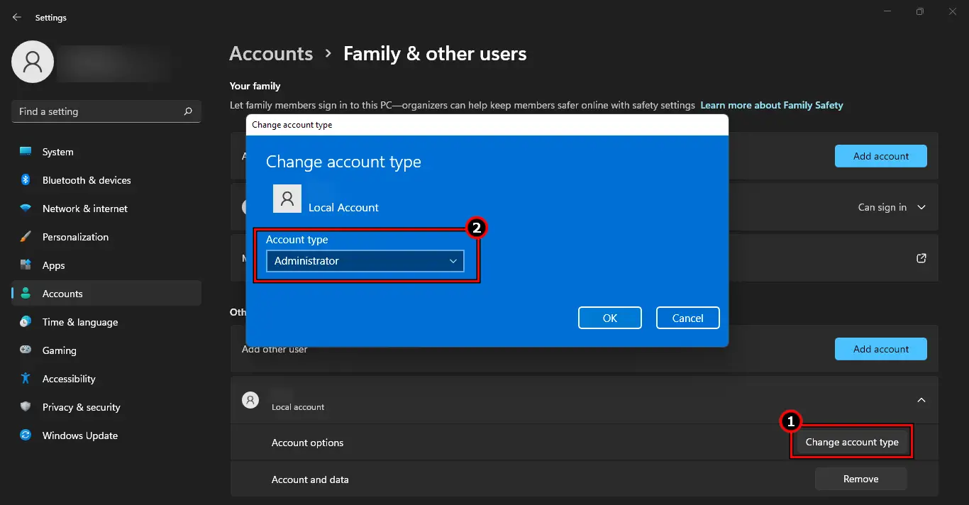 Change Account Type of the Newly Created Account to Administrator