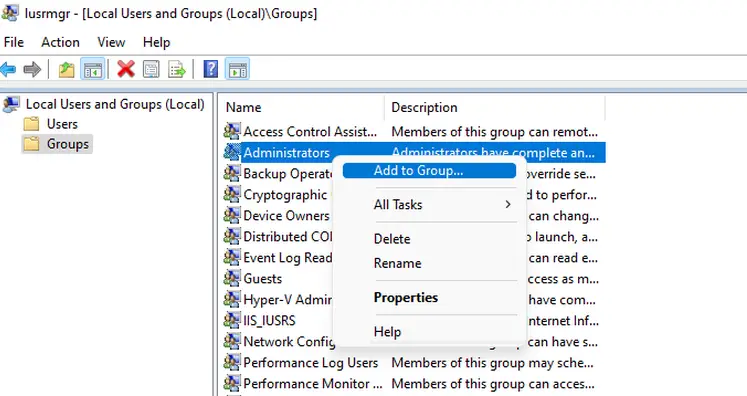 Open Add to Group for Administrators in Local Users and Groups