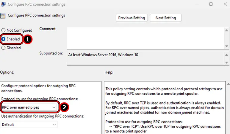 Enable Configure RPC Connection Settings and Set its Protocol to RPC Over Named Pipes