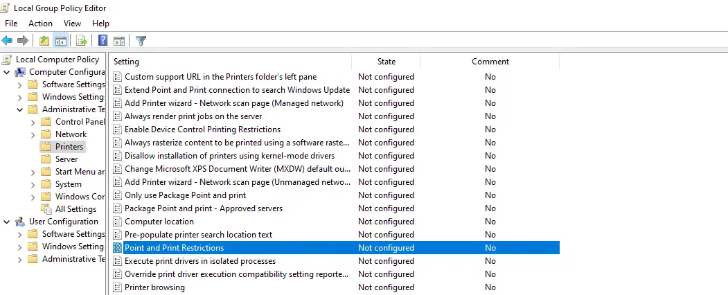 Open Point and Print Restrictions in the Group Policy Editor