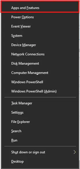 Windows menu displaying the "Apps and Features" Button being highlighted to fix PFN File corrupt