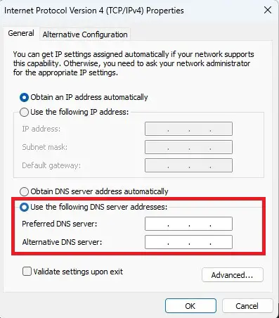 Changing the DNS Server Address to resolve the epic games error ii-e1003