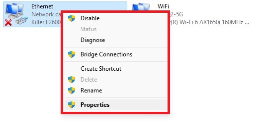 Drop down menu that appears when we right-click on Ethernet file