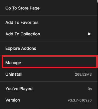 Click on Manage to go to the next menu to verify your installed games.