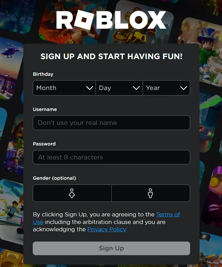 Sign Up Page. Roblox Error Code 103.
