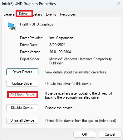 Click on Roll-Back Driver to solve the driver power state failure error