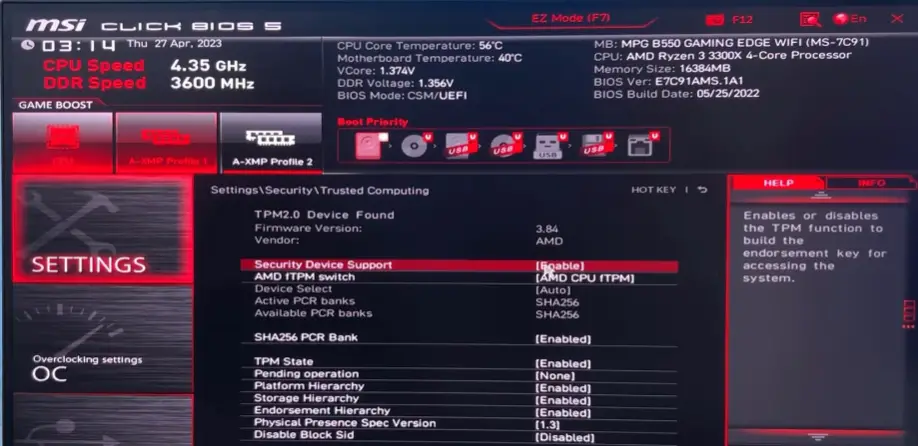 BIOS showing "Security Device Support" as Enabled to fix VAN 9003