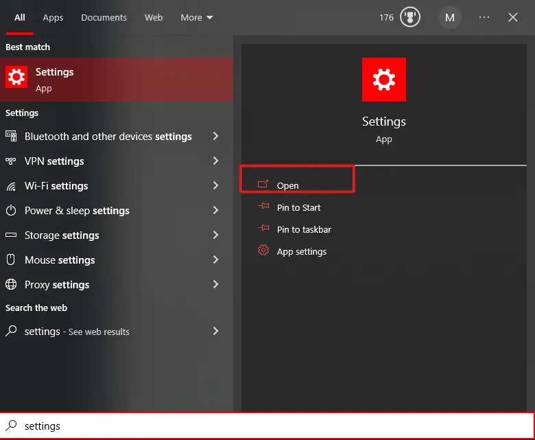 Windows search bar showing the result "Settings" 