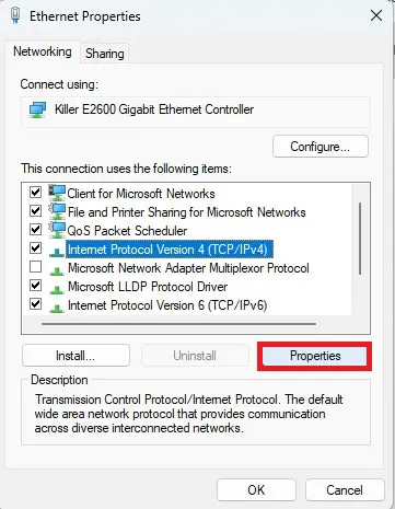Click on Properties to change the DNS Server Address to resolve the epic games error ii-e1003