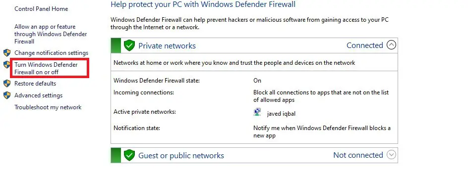 Turn off Window Defender Firewall