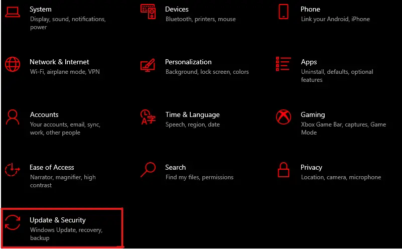 Settings application options highlighting update and security to fix 