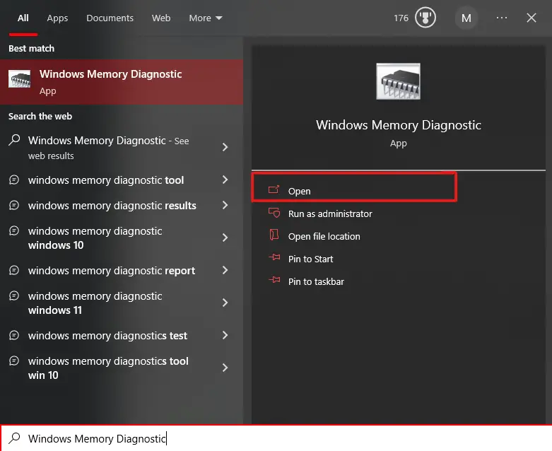 Windows search bar displaying Windows Memory Diagnostic to fix PFN File corrupt