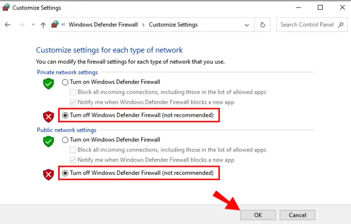 Turn Off Windows Defender Firewall (not recommended)