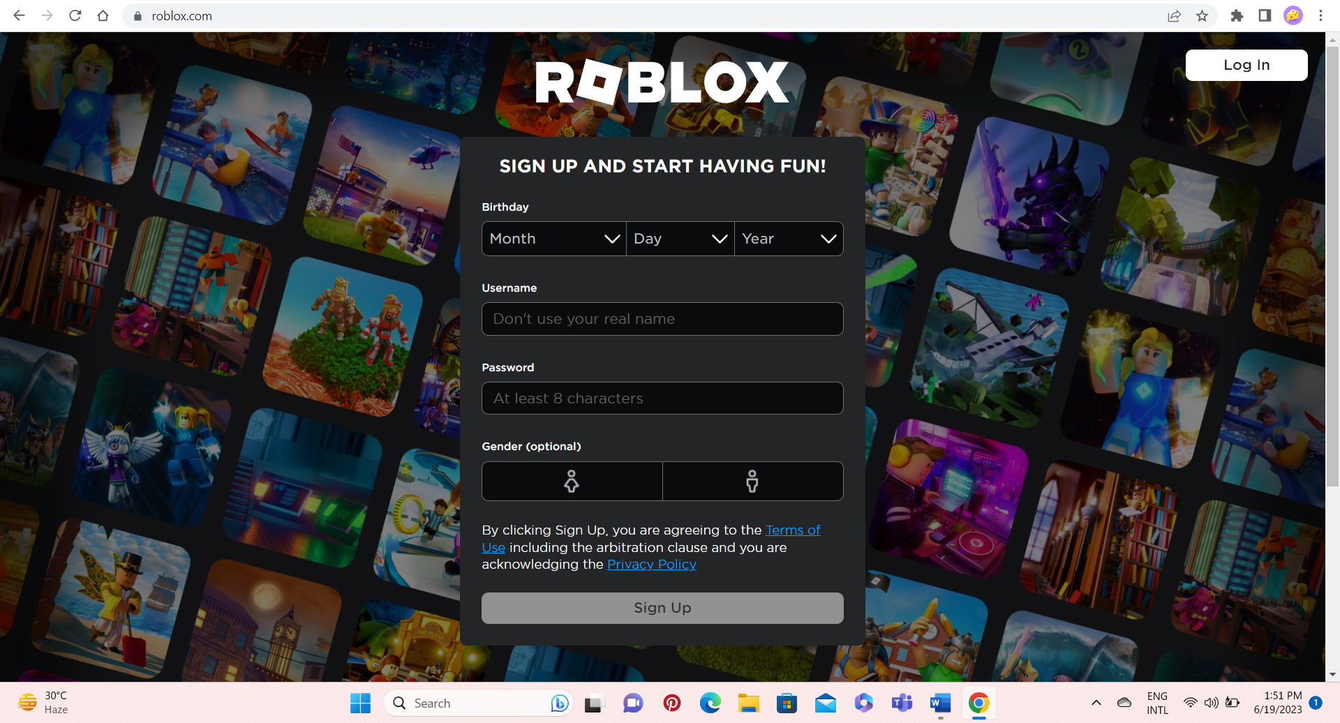 sign up screen for Roblox