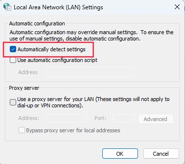 Disable Automatic Detection of internet settings