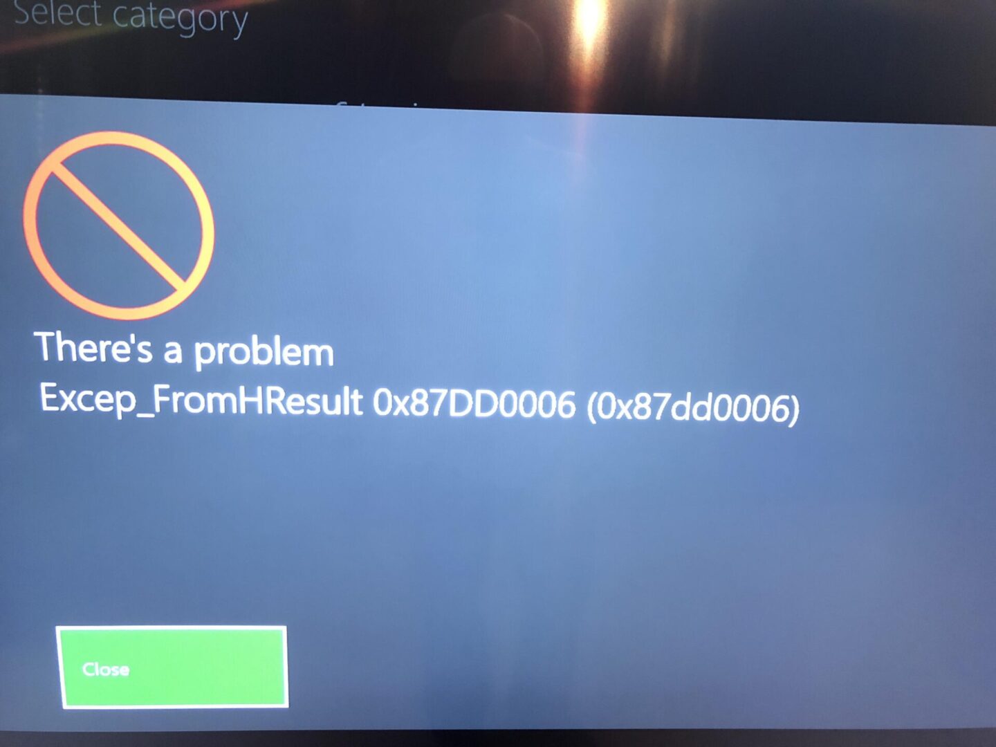 Display message of the Xbox One error code 0x87DD0006