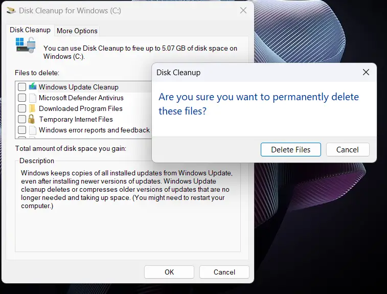 Disk Cleanup dialogue boxes when clearing up space in a PC.
