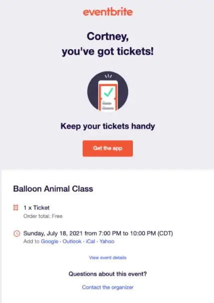 This is a confirmation email from Eventbrite