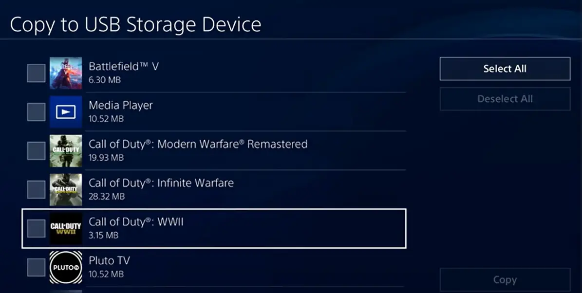 Selecting games to transfer data to USB in a PS4. 