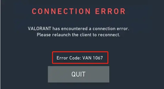 Valorant error code van 1067