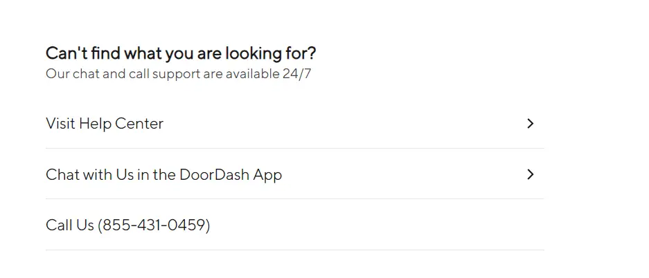 The contact options available on the Help website to solve DoorDash error validating basket.