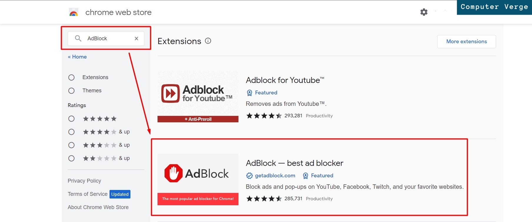 Search for 'AdBlock' and click on the desired extension.