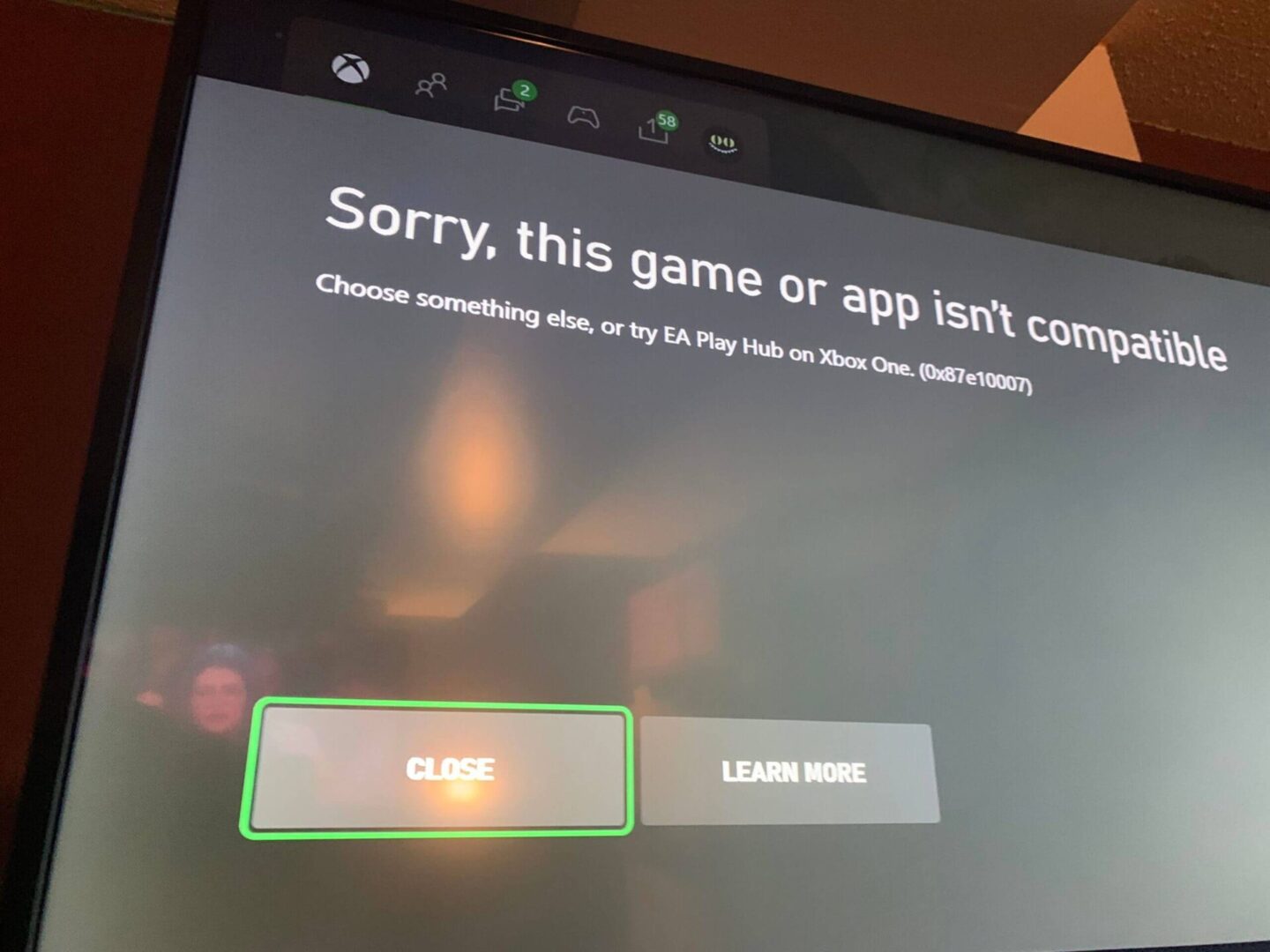Display message of the Xbox One error code 0x87e10007