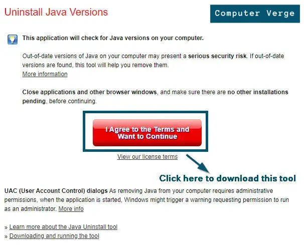 Downloading the 'Java Uninstall Tool' application