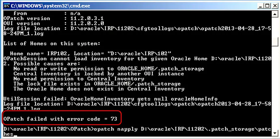 OPatch Failed With Error Code 73