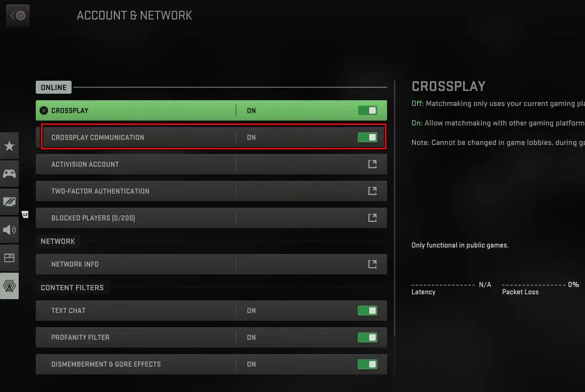 Disable the Crossplay Communication in the MW2 Settings to solve the frustrating error: Dev Error 11557