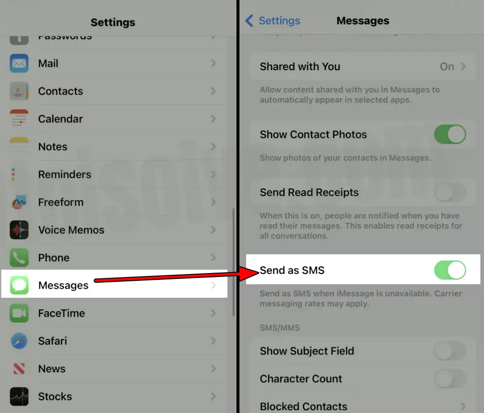Enable Send as SMS in the iPhone Message Settings